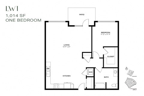 Floor plan for 1 bed, 1 bath, 1014 sqft